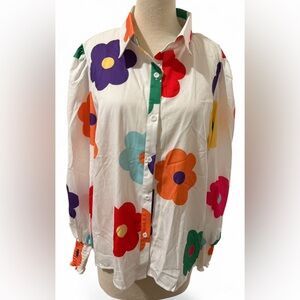 White Floral Button-Up Shirt with Colorful Flowers and Cinched Sleeves Size XXL
